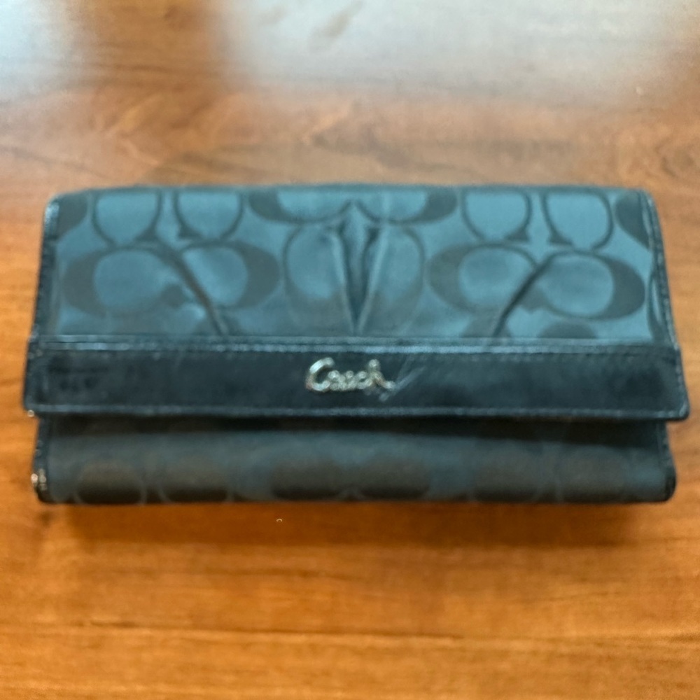Coach signature satin with leather trim long wallet checkbook classic logo